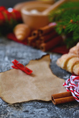 Christmas food background with space for text. Selective focus.