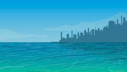 City near the ocean. Vector illustration.