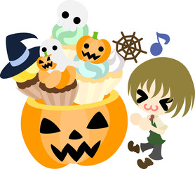 Halloween and jack-o-lanterns and a boy and sweets box