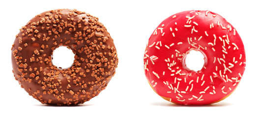 Brown Chocolate donut and pink donut with sprinkles