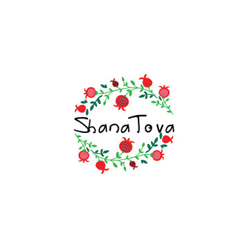"Shana Tova" (Happy New Year on hebrew). Greeting card for Jewish New Year with flowers and traditional elements of Holiday Rosh Hashanah