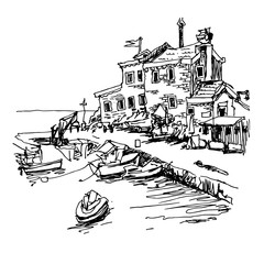 black and white sketch drawing of historical fort Petrovac Monte