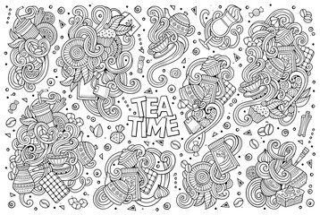 Vector doodle cartoon set of tea and coffe