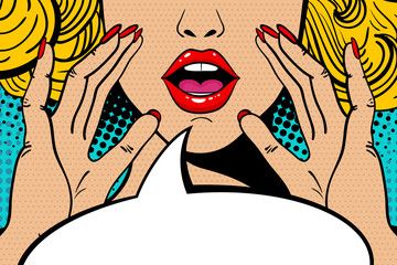 Sexy surprised blonde pop art woman with open mouth and rising hands screaming announcement. Vector background in comic retro pop art style. Party invitation.