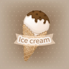 Vanilla ice cream with chocolate topping in a waffle cone. Delicious sweet ice cream with chocolate sprinkles. Ice cream emblems badges labels. Vector illustration.
