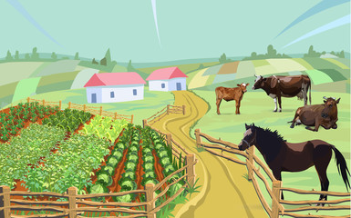 cow, horse, farm, cabbage, vector