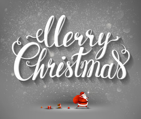 Merry Christmas hand drawn inscription and Santa Claus with bag and gifts on the gray background. - 120764171