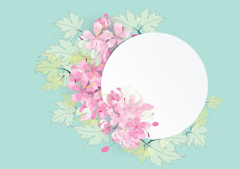 white paper cut circle for template  cover with pink flowers circle bouquet and green leave  on dark green  background,vector illustration