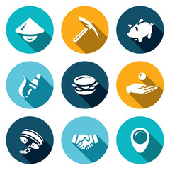 Vector Set of Cheap Labor Icons. Worker, Tool, Economy, Production, Food, Payment, Slavery, Agreement, Location.