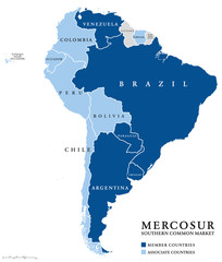 MERCOSUR Southern Common Market countries info map, also Mercosul. Free trade bloc with members Argentina, Brazil, Paraguay, Uruguay, Venezuela and associate countries. English labeling. Illustration.