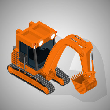 Vector isometric illustration of a mining tracked excavator. Equipment for high-mining industry.