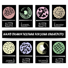 A set of universal artistic creative cards with hand-drawn textures. Design for a poster, postcards, invitations, brochures, posters, leaflets. Vector illustration. Isolated.