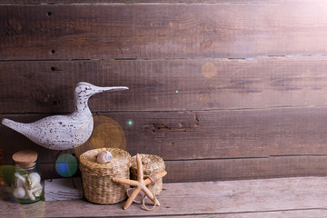 Background with  marine items on  aged wooden planks.