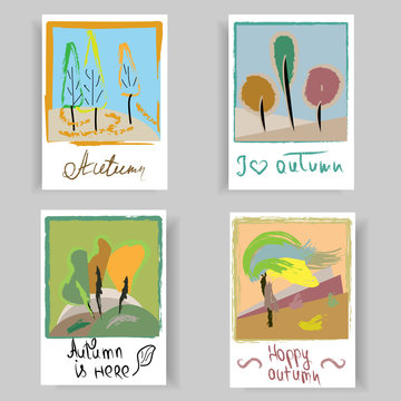 Hand drawn set of artistic creative autumn cards. Design for a poster, postcards, invitations, brochures, posters, leaflets. Vector templates.