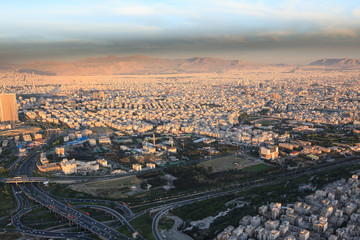 Fototapeta premium Aerial view of Tehran city from Milad tower at sunset, Iran 