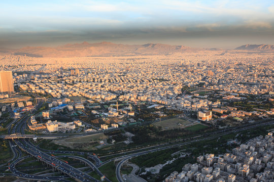 Aerial view of Tehran city from Milad tower at sunset, Iran
