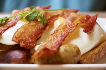 Bacon on eggs with selective focus