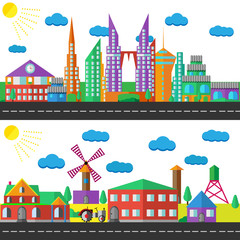 Urban and village landscape. Ecology, environmental protection: production, factory, plant, pollution, smoke, building. Vector flat illustrations