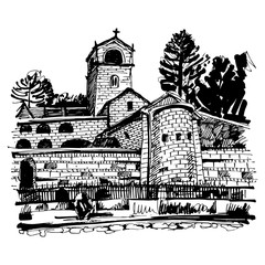 black and white hand drawing of Cetinje monastery - ancient capi