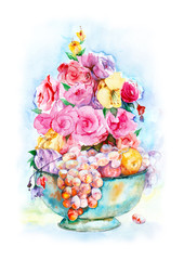 Fototapeta premium Watercolor painting. The composition of the fruit and roses in an old blue vase on a white background.