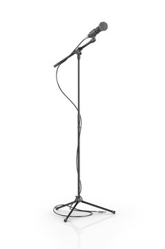 Microphone with cable on the stand isolated on white background.