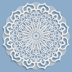 Lace 3D mandala, round symmetrical openwork pattern, lacy doily, decorative  snowflake, arabic ornament, indian ornament, embossed pattern, decorative design element,  vector