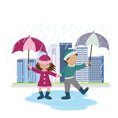 Children with umbrellas in the rain