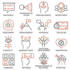 Vector set of 16 icons related to business management, strategy, career progress and business process. Mono line pictograms and infographics design elements - part 24