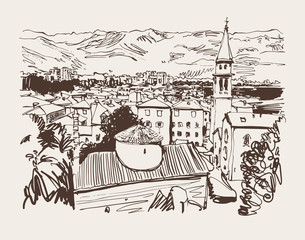 sketch art panorama of Budva Montenegro, travel postcard