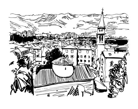 black and white sketch art panorama of Budva Montenegro