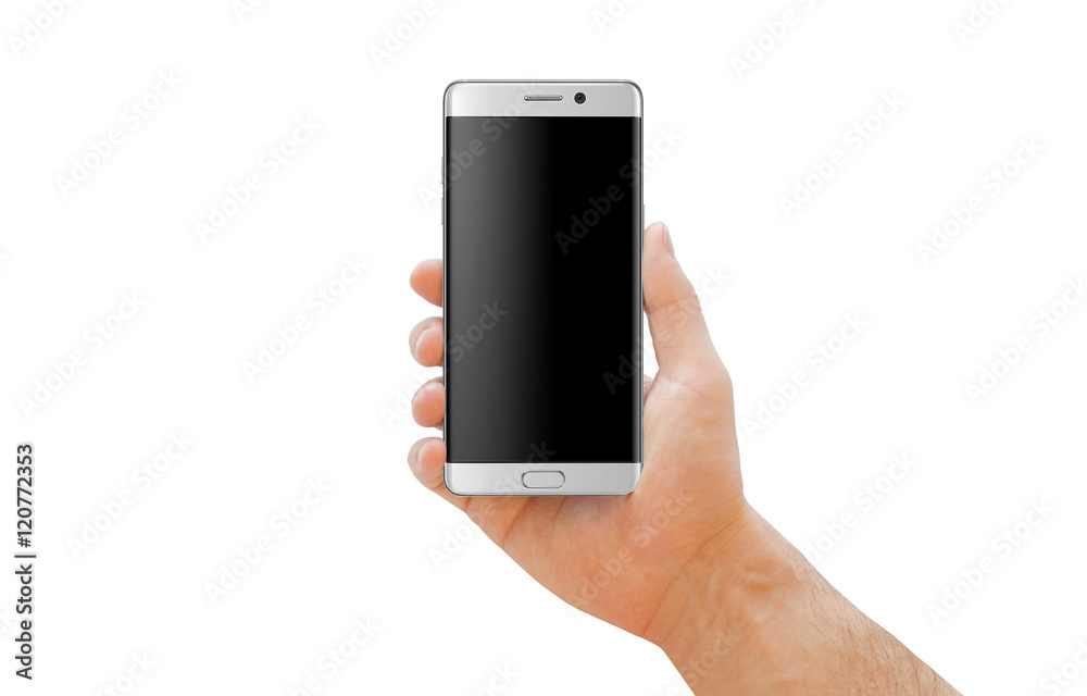 Aufkleber White modern smartphone with curved edge in man hand for mockup. Isolated background.