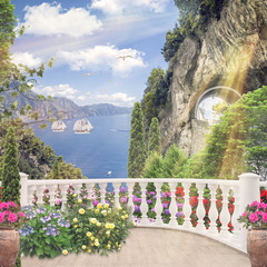 Old balcony with flowers with sea view