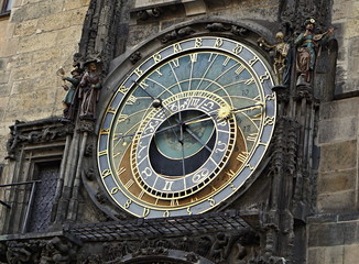 Detail of the astronomical clock (Orloj) underneath the Prague Town hall in Czech Republic on the Old Times Square (Staromestske namesti) as symbol of 
sightseeing and historical monuments