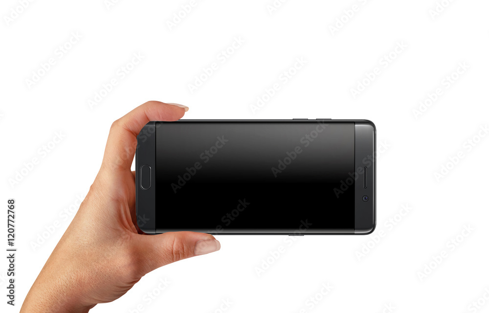 Poster playing game ot taking photo with modern smart phone with blank screen for mockup. woman hold phone 