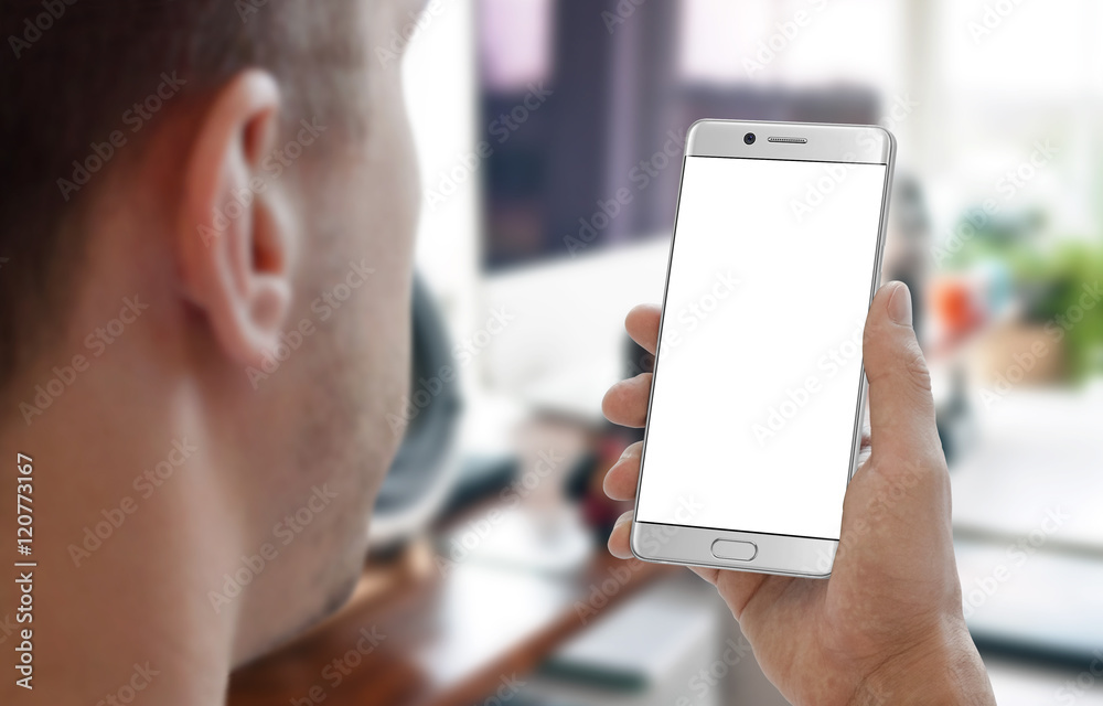 Poster man work on smartphone in room office interior. isolated white display for mockup.
