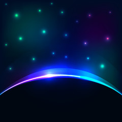 Fototapeta na wymiar Vector eclipse cosmic sky background. Glowing stars and planet backlight abstract effect.