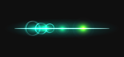 Glow stick line with circles vector effect. Luminous neon line beam and flare circles.