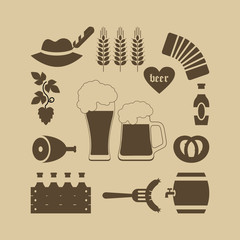Set of beer festival icons. Oktoberfest symbol: mug beer,bottle beer, snack to beer, beer ingredients. Oktoberfest icon vector 