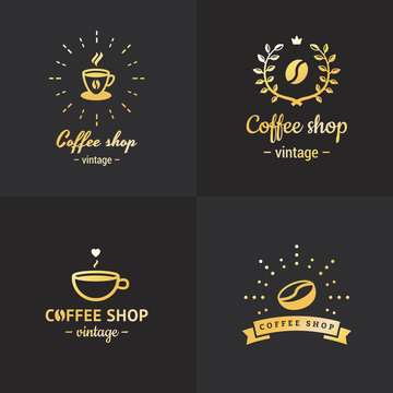 Gold coffee shop vintage hipster logo vector set. Part two.