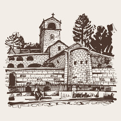 sepia hand drawing of Cetinje monastery - ancient capital in Mon