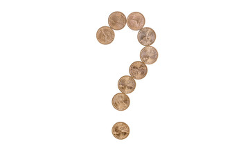 Question mark made from coins. Isolated on white
