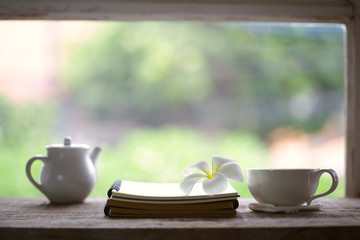 White cup and mini teapot notebooks at window