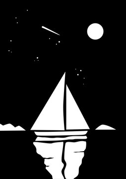 Black and white sailing boat reflected on the sea water at night. Vector Illustration
