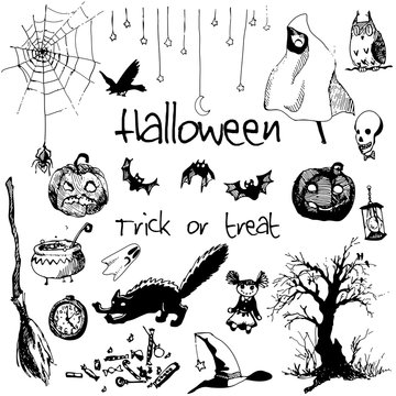 Hand drawn doodle halloween party elements. Black objects, white background. Design illustration for poster, flyer.