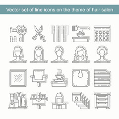 Vector set of line icons on the theme of hair salon. Flat symbols of fashion and beauty