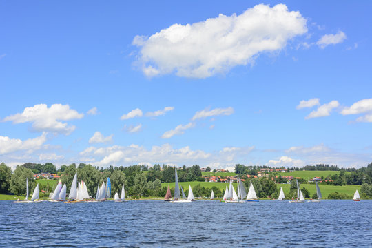 viele Segelboote bei einer Regatta auf dem Rottachsee im Allgäu