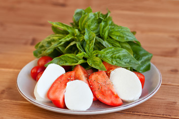 Caprese Salad. Tomato and Mozzarella slices with basil leaves.