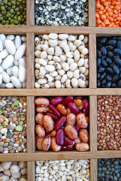 Collection assorted of lentils, beans, peas, grain, groats, soyb
