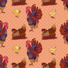 Seamless background with hand drawn rooster, hens and chickens