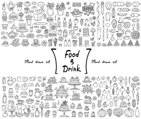 Vector set with hand drawn isolated doodles on the  theme of food and drink